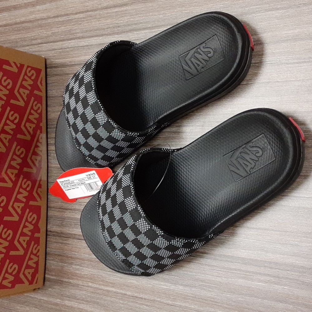 🎒 2/$30 👟 Vans Range Youth Slide Sandals Checker Dot Black Sz 3 NWT - Picture 2 of 9